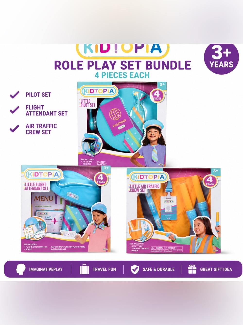 Kidtopia Aviation Role Play set of 3 - Flight Attendant, Pilot, Air Traffic Crew